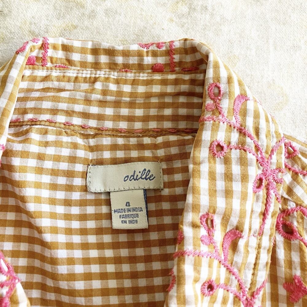 Anthropologie Odille 4 Eyelet Gingham Blouse Button Front Long Sleeve Orange Red - Picture 3 of 7
